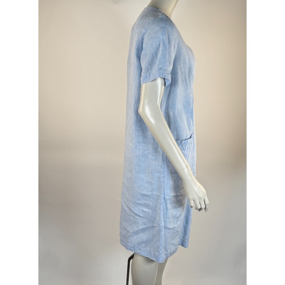 White Label Shift Linen Dress Women 6 Pockets Short Sleeve V-neck Washable Blue - Picture 4 of 10